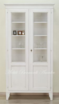 Vetrina in legno stile country finitura bianco anticato con 2 ante a vetro